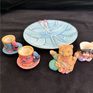 Vintage cat sewing patchwork ball of yarn miniature tea set